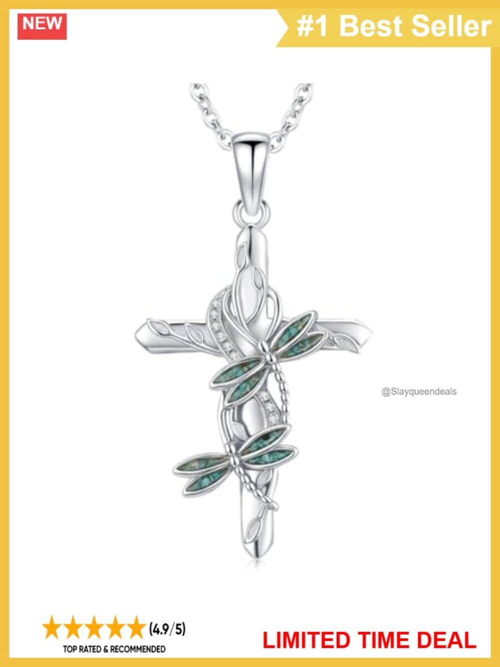 925 Sterling Silver Dragonfly Cross Pendant Christian Necklace Catholic Gift